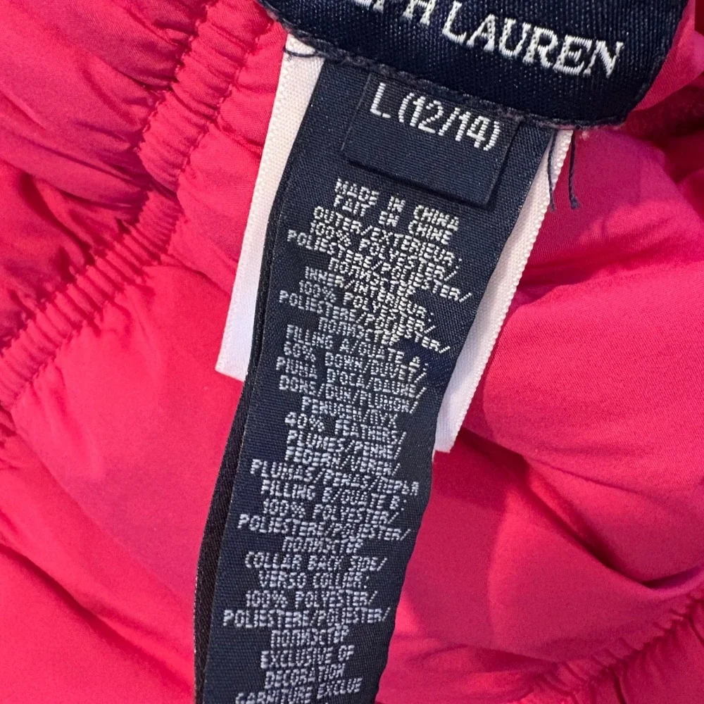 Ralph Lauren Girls Puffer Vest Reversible Down L‎ 12/14 Pink Blue Preppy Outdoor
